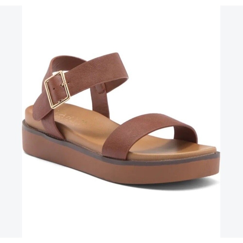 🔥Bloomingdale’s Taryn Chunky Brown Leather Double Platform Sandals Size 8.5 NEW